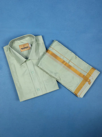 Pista Green Plain Semi Silk Full-Sleeve Shirt with Matching Dhoti Set - Diadem