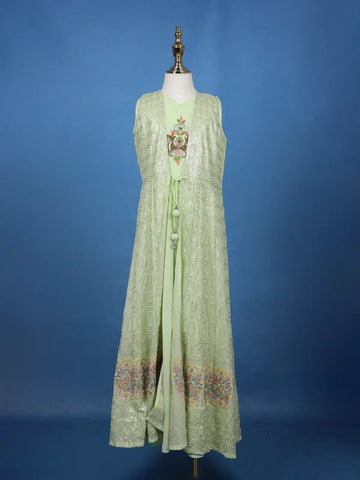 Pista Green Sequins Embroidery Net Gown - Diadem