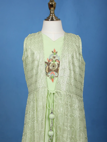 Pista Green Sequins Embroidery Net Gown - Diadem