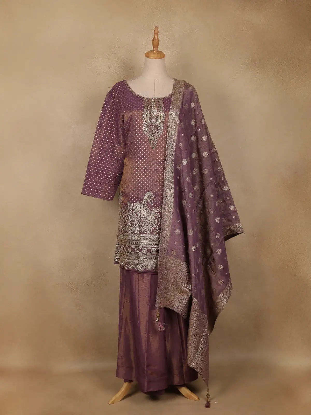 Plum Purple Dots Designed Banarasi Silk Palazzo Salwar Suit - Diadem
