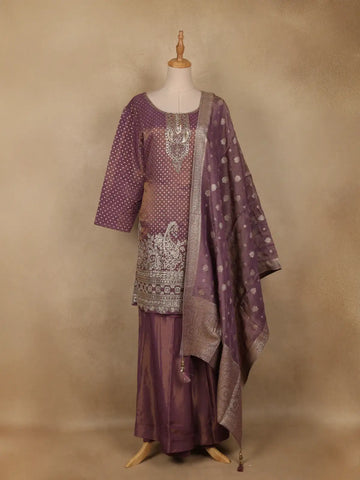 Plum Purple Dots Designed Banarasi Silk Palazzo Salwar Suit - Diadem
