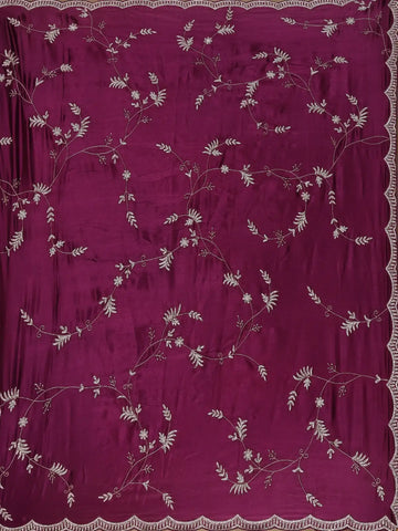 Plum Purple Floral Embroidered Satin Saree - Diadem