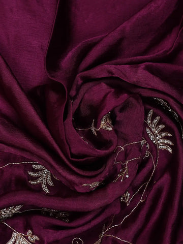 Plum Purple Floral Embroidered Satin Saree - Diadem