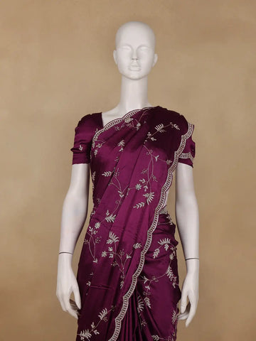 Plum Purple Floral Embroidered Satin Saree - Diadem