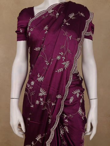 Plum Purple Floral Embroidered Satin Saree - Diadem
