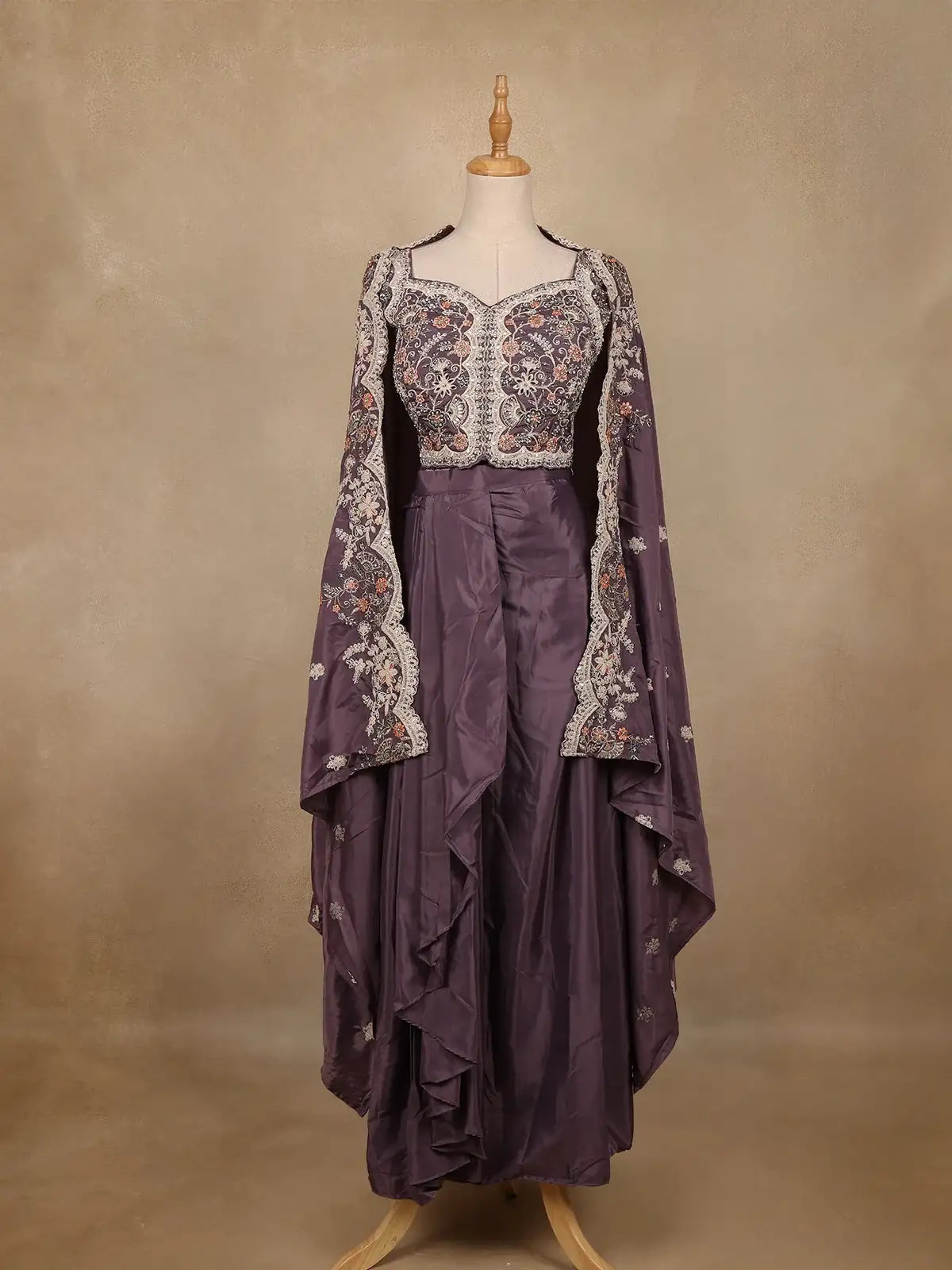 Plum Purple Floral Embroidered Silk Skirt Top - Diadem