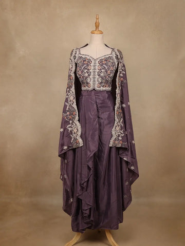 Plum Purple Floral Embroidered Silk Skirt Top - Diadem