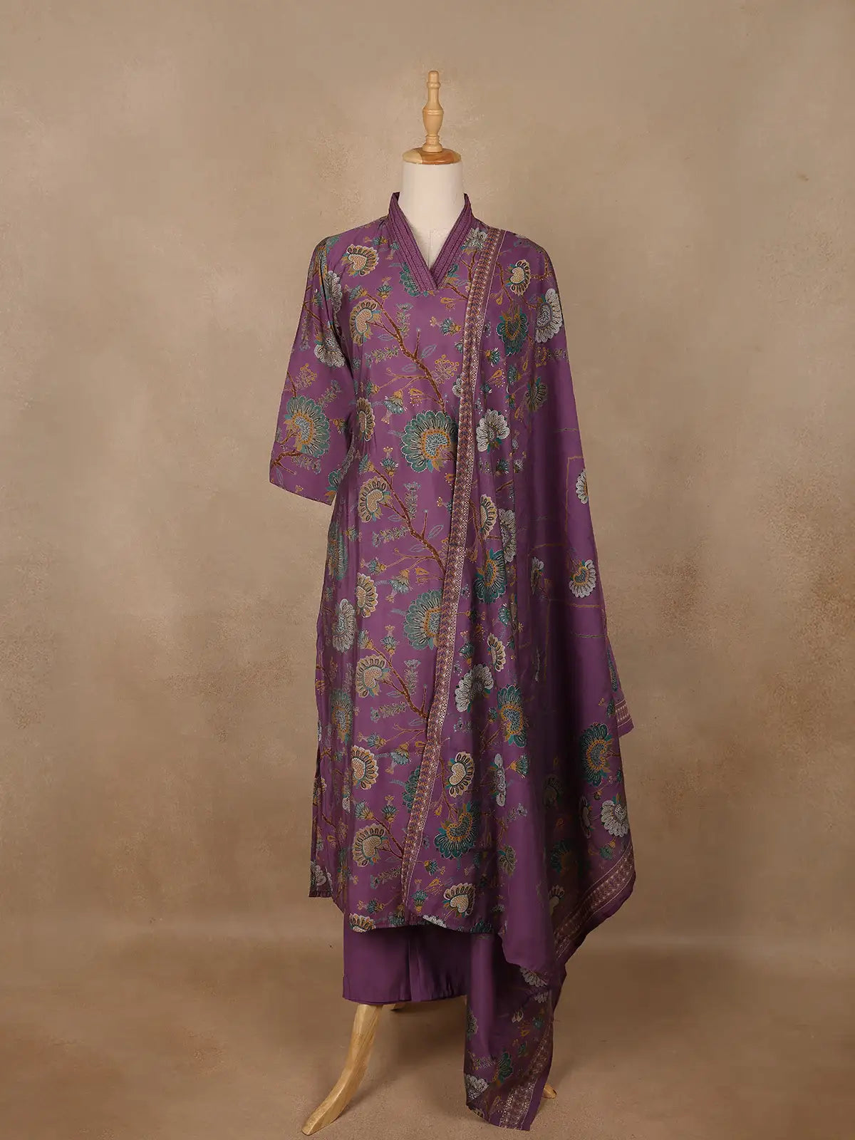 Plum Purple Floral Printed Cotton Salwar Suit - Diadem