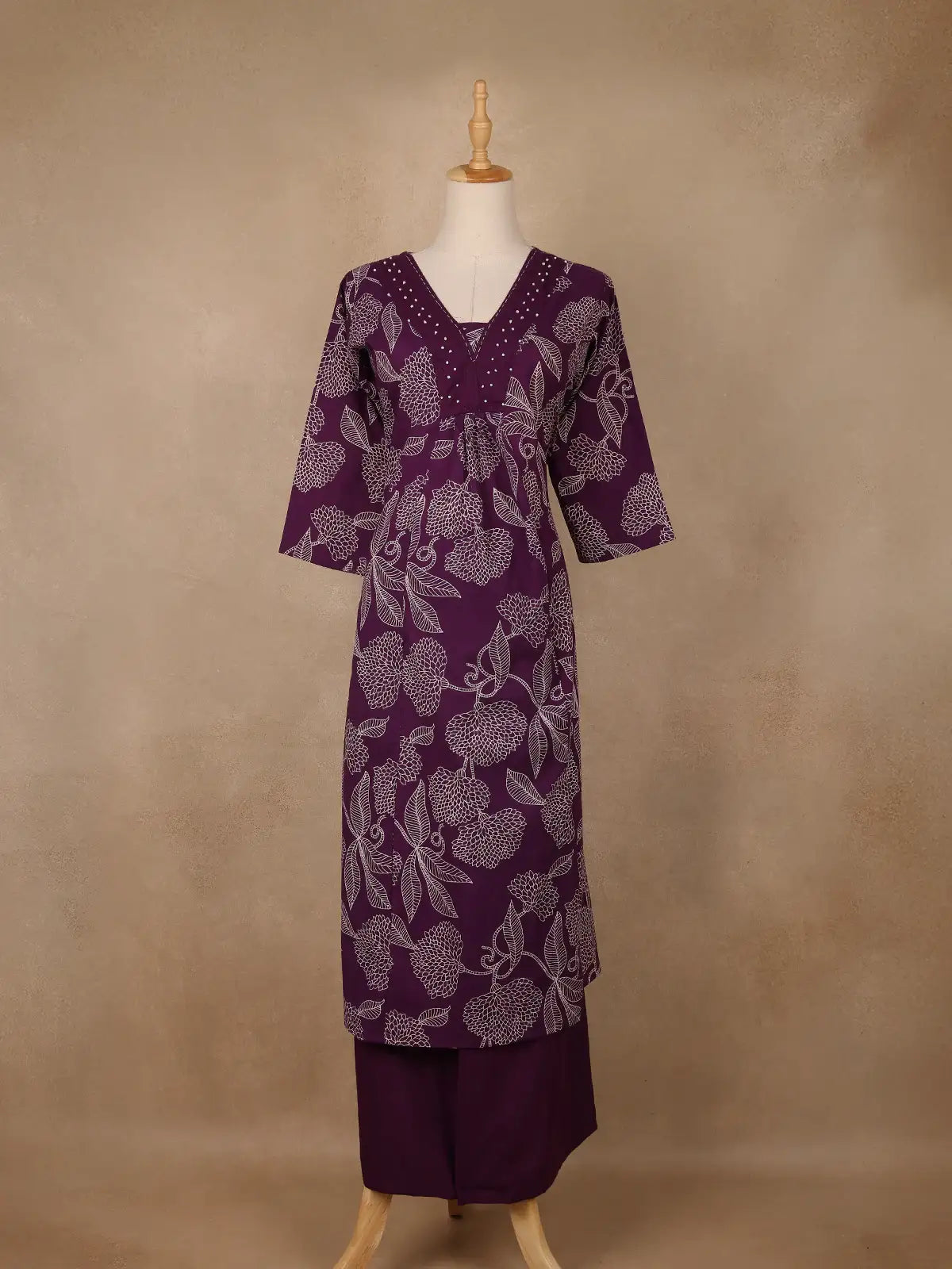 Plum Purple Floral Printed Cotton Salwar Suit - Diadem