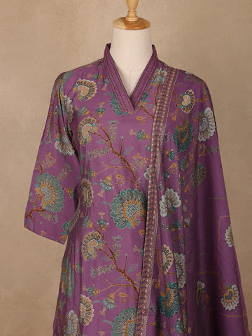 Plum Purple Floral Printed Cotton Salwar Suit - Diadem