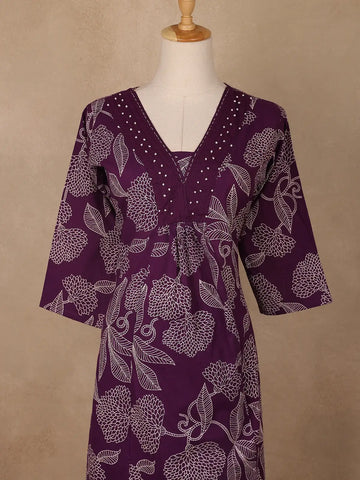 Plum Purple Floral Printed Cotton Salwar Suit - Diadem