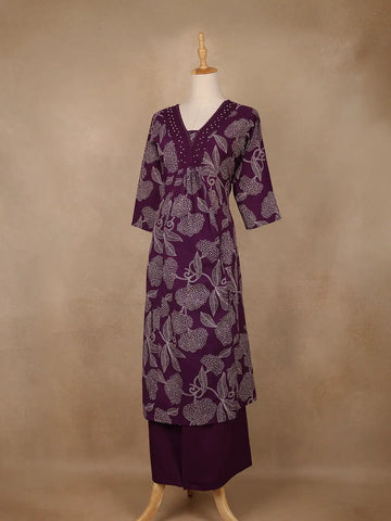 Plum Purple Floral Printed Cotton Salwar Suit - Diadem