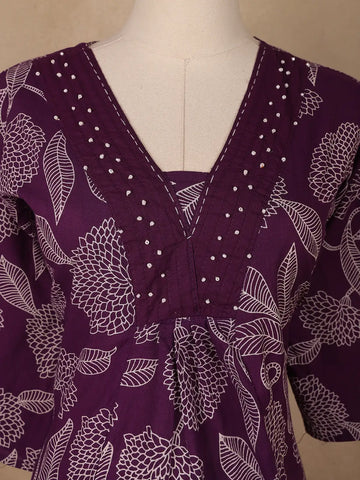 Plum Purple Floral Printed Cotton Salwar Suit - Diadem