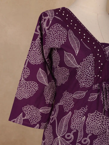 Plum Purple Floral Printed Cotton Salwar Suit - Diadem