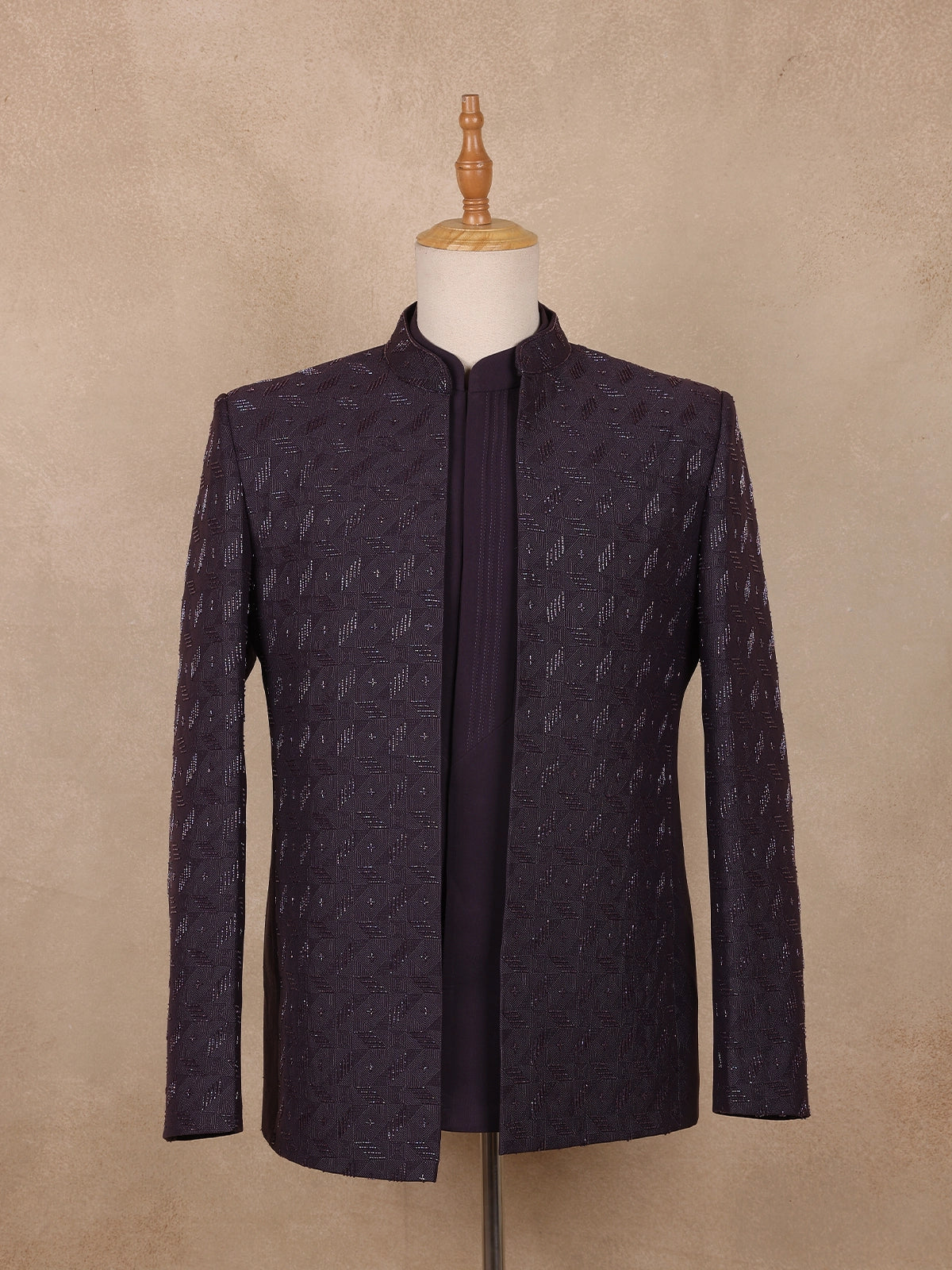 Plum Purple Geometric Design Jacquard Sherwani Suit