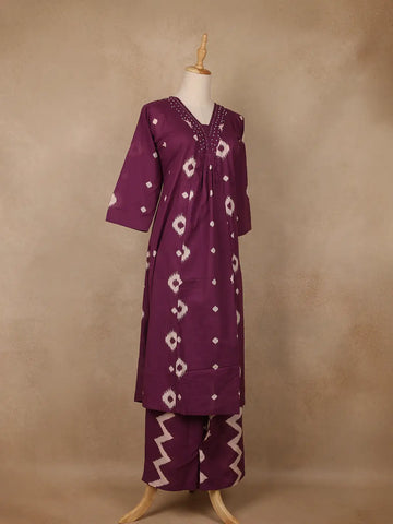 Plum Purple Ikat Printed Cotton Salwar Suit - Diadem
