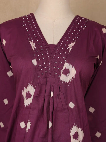Plum Purple Ikat Printed Cotton Salwar Suit - Diadem
