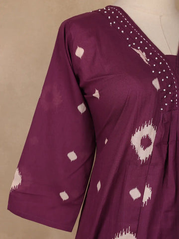 Plum Purple Ikat Printed Cotton Salwar Suit - Diadem