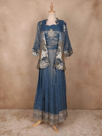 Powder Blue Floral Designed Tissue Organza Palazzo Suit - Diadem