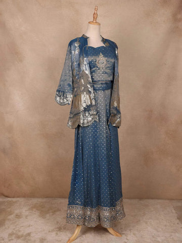 Powder Blue Floral Designed Tissue Organza Palazzo Suit - Diadem
