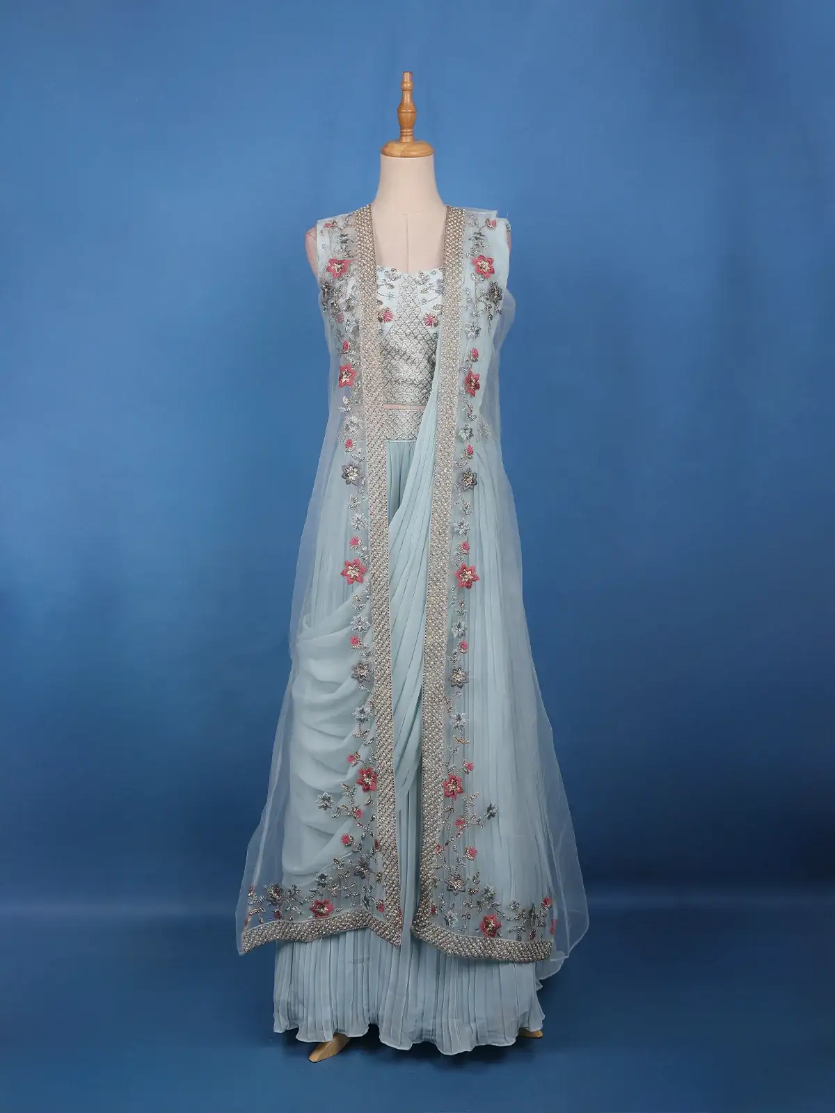 Powder Blue Floral Embroidered Jacket Style Georgette Lehenga - Diadem