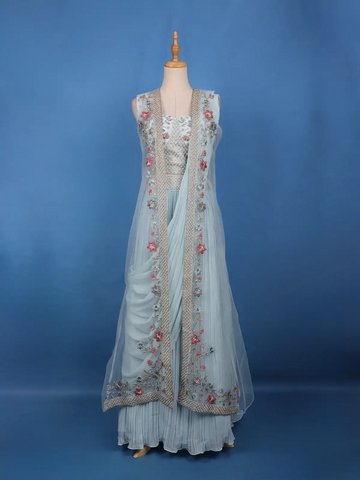 Powder Blue Floral Embroidered Jacket Style Georgette Lehenga - Diadem