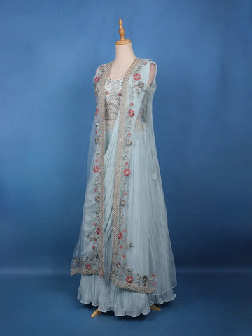 Powder Blue Floral Embroidered Jacket Style Georgette Lehenga - Diadem
