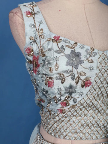 Powder Blue Floral Embroidered Jacket Style Georgette Lehenga - Diadem