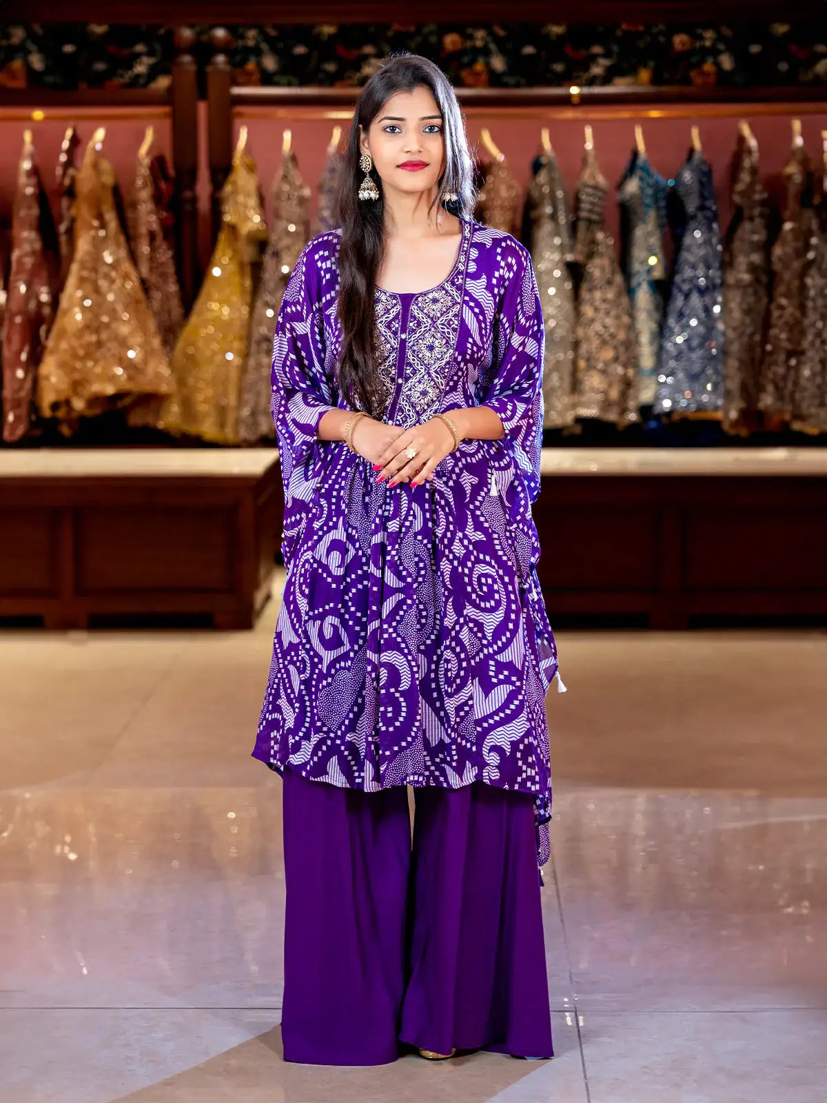 Purple Abstract Printed Kaftan-style Crepe Salwar Suit - Diadem