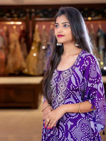 Purple Abstract Printed Kaftan-style Crepe Salwar Suit - Diadem