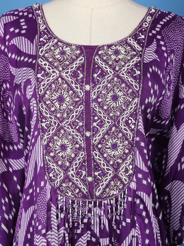 Purple Abstract Printed Kaftan-style Crepe Salwar Suit - Diadem
