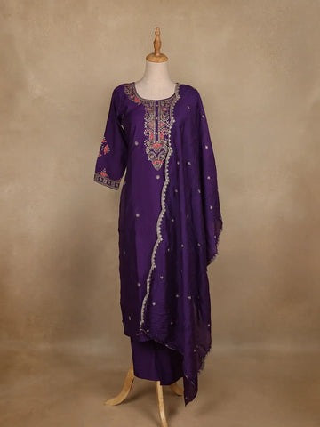 Dark Purple Floral Embroidered Silk Salwar Suit With Dupatta - Diadem