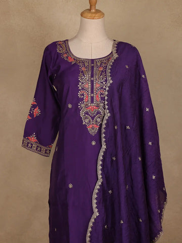 Dark Purple Floral Embroidered Silk Salwar Suit With Dupatta - Diadem