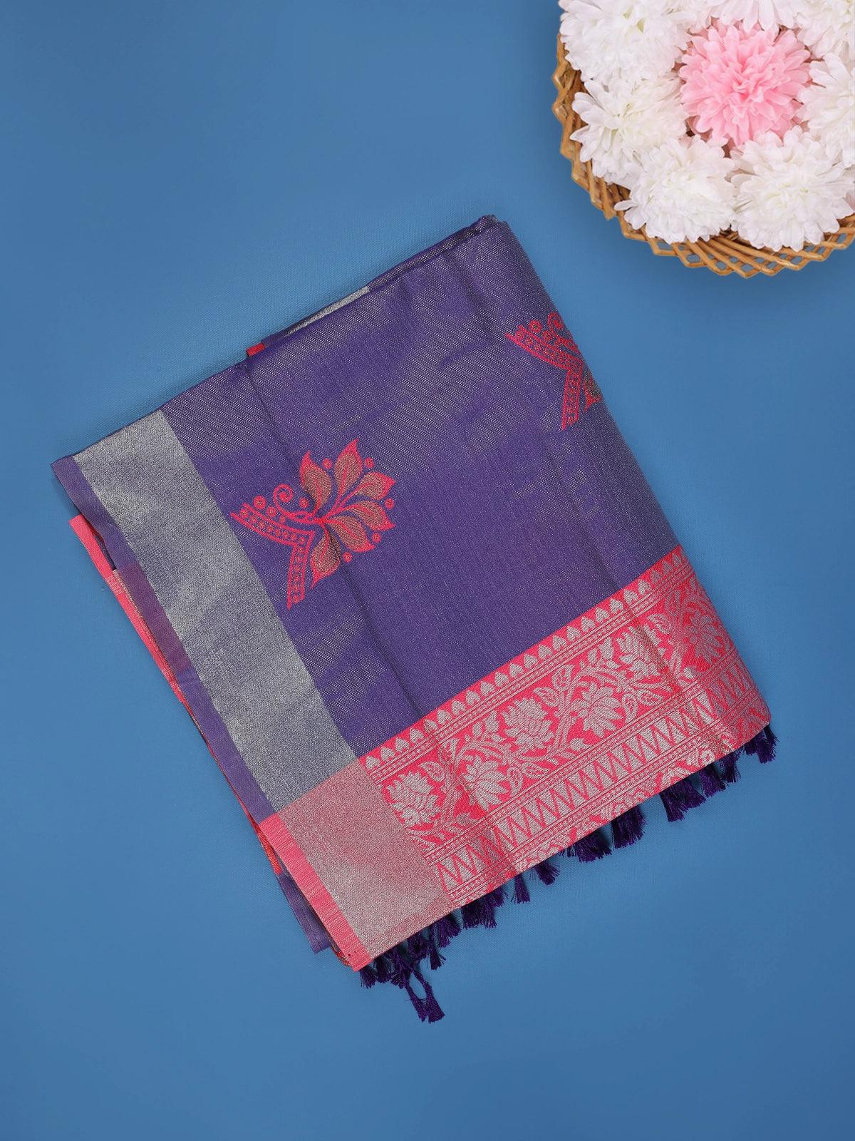 Purple Floral Butta Woven Art Silk Saree With Contrast Pink Zari Border