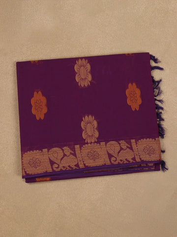 Purple Floral Design Cotton Saree with Zari Border - Diadem