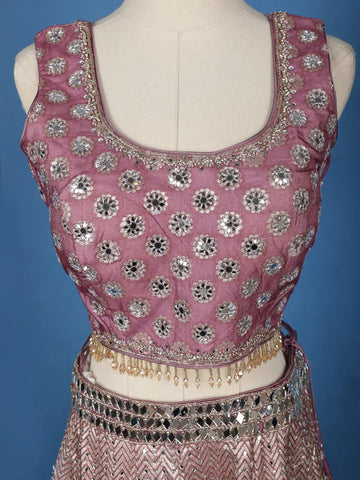 Purple Floral Designed Mirror Work Silk Bridesmaid Lehenga - Diadem