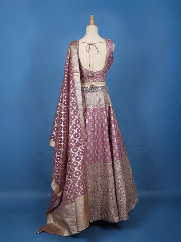 Purple Floral Designed Mirror Work Silk Bridesmaid Lehenga - Diadem