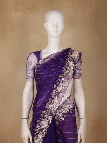 Purple Floral Sequins Embroidered Beads Work Net Saree - Diadem