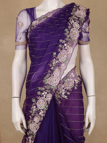Purple Floral Sequins Embroidered Beads Work Net Saree - Diadem