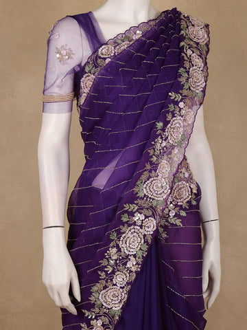 Purple Floral Sequins Embroidered Beads Work Net Saree - Diadem