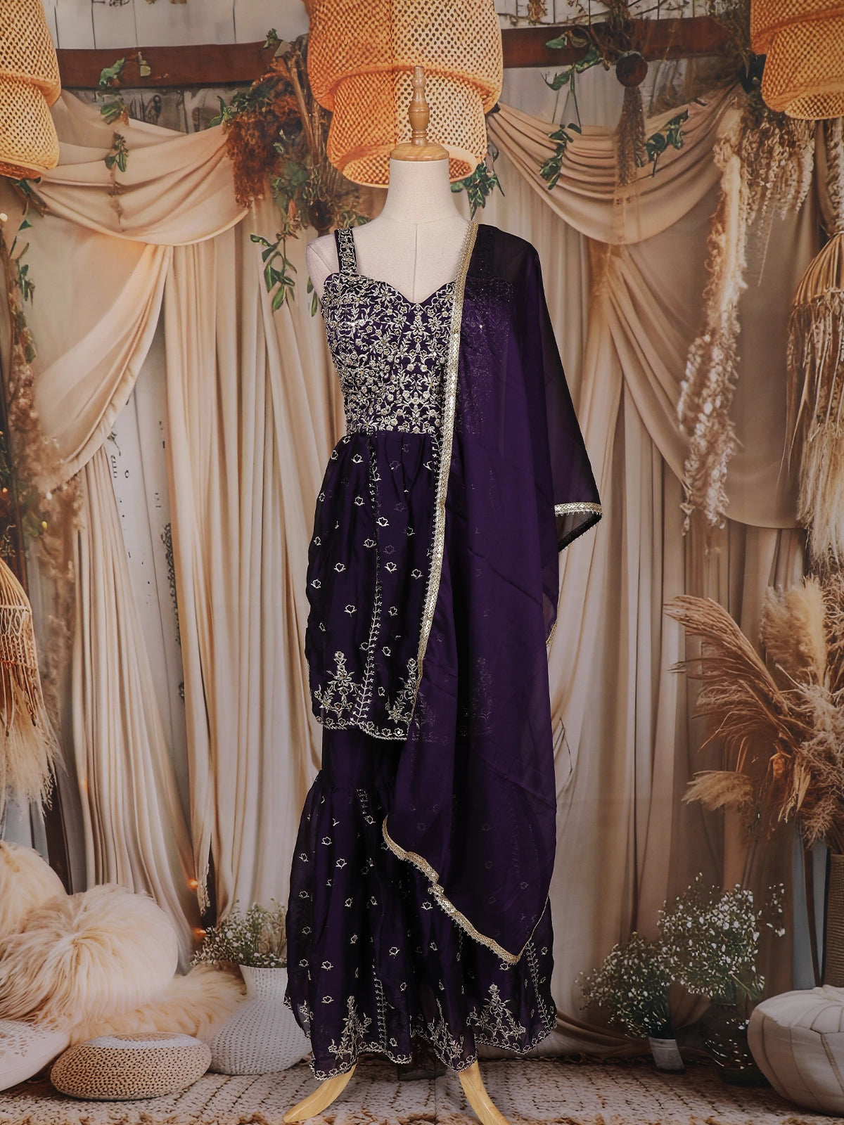 Purple Floral Embroidered Design Chiffon Sharara Salwar Suit