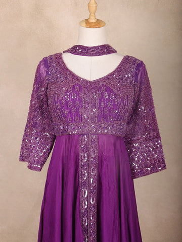 Purple Floral Embroidered Georgette Palazzo Suit - Diadem