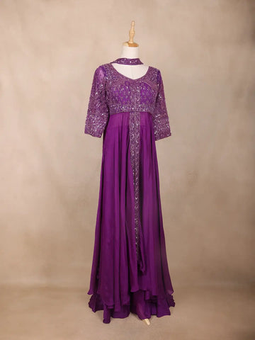 Purple Floral Embroidered Georgette Palazzo Suit - Diadem