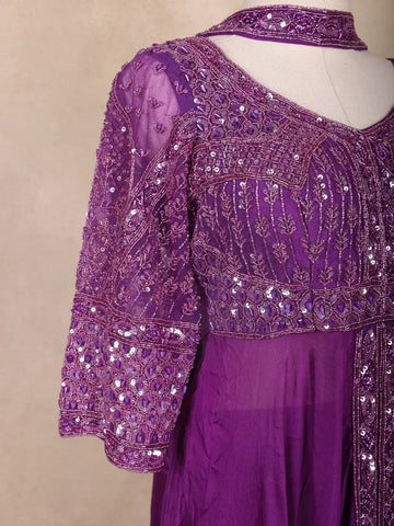 Purple Floral Embroidered Georgette Palazzo Suit - Diadem