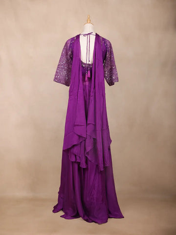 Purple Floral Embroidered Georgette Palazzo Suit - Diadem