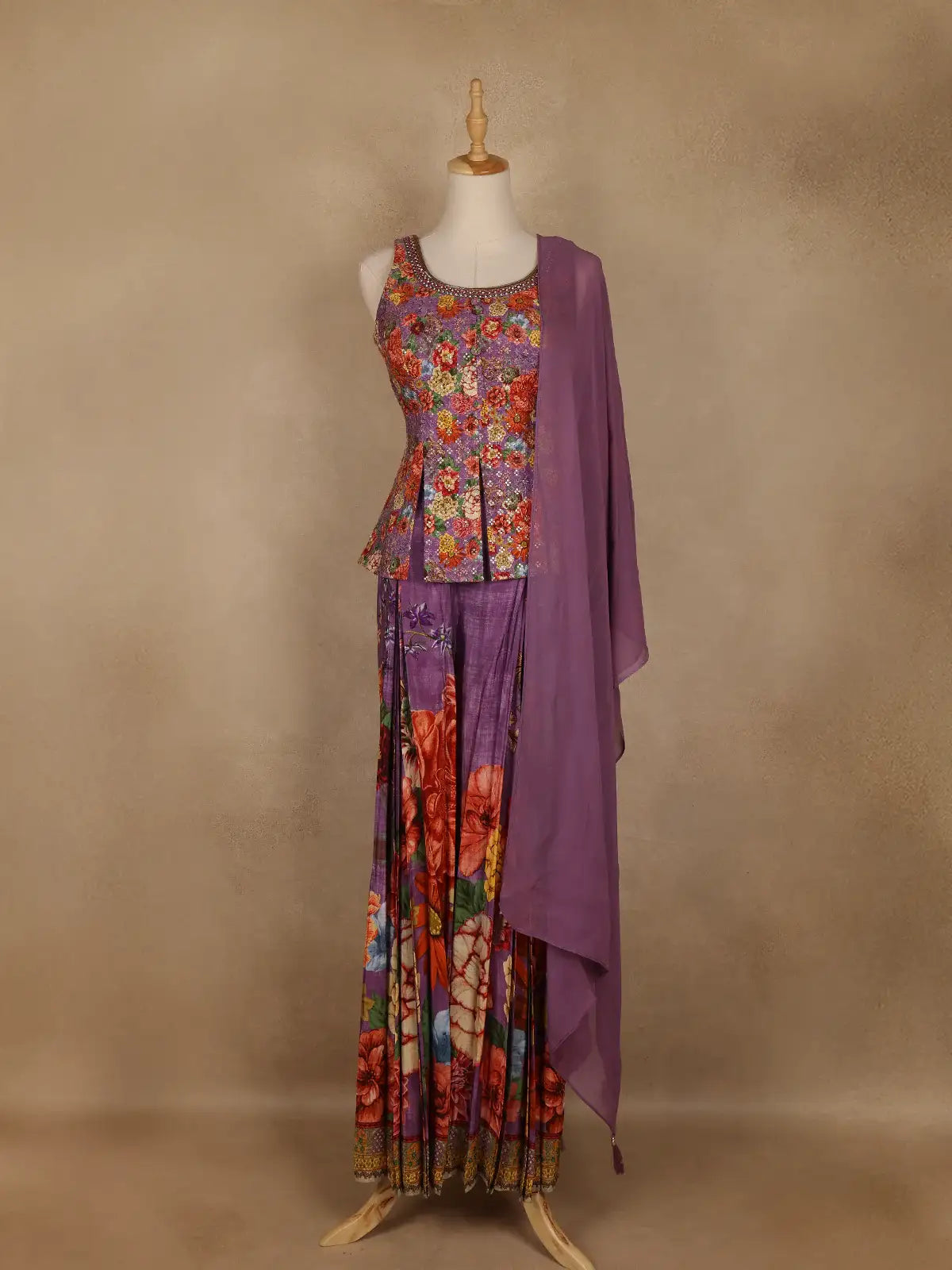 Purple Floral Embroidered Peplum Top With Printed Synthetic Palazzo Suit - Diadem
