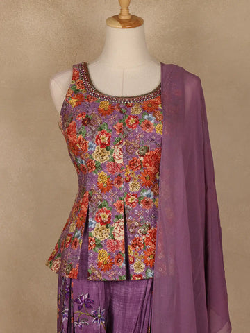 Purple Floral Embroidered Peplum Top With Printed Synthetic Palazzo Suit - Diadem