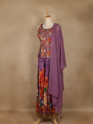 Purple Floral Embroidered Peplum Top With Printed Synthetic Palazzo Suit - Diadem