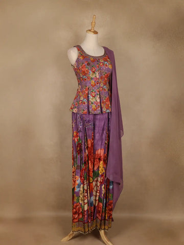 Purple Floral Embroidered Peplum Top With Printed Synthetic Palazzo Suit - Diadem
