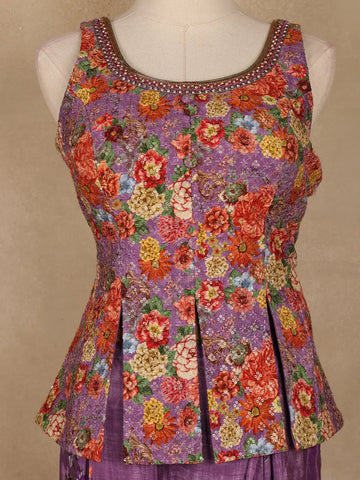 Purple Floral Embroidered Peplum Top With Printed Synthetic Palazzo Suit - Diadem